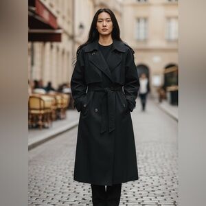 VTG Drizzle Black Long Trench Rain Coat 42/XL Women‎ Double Breasted Winter Fall
